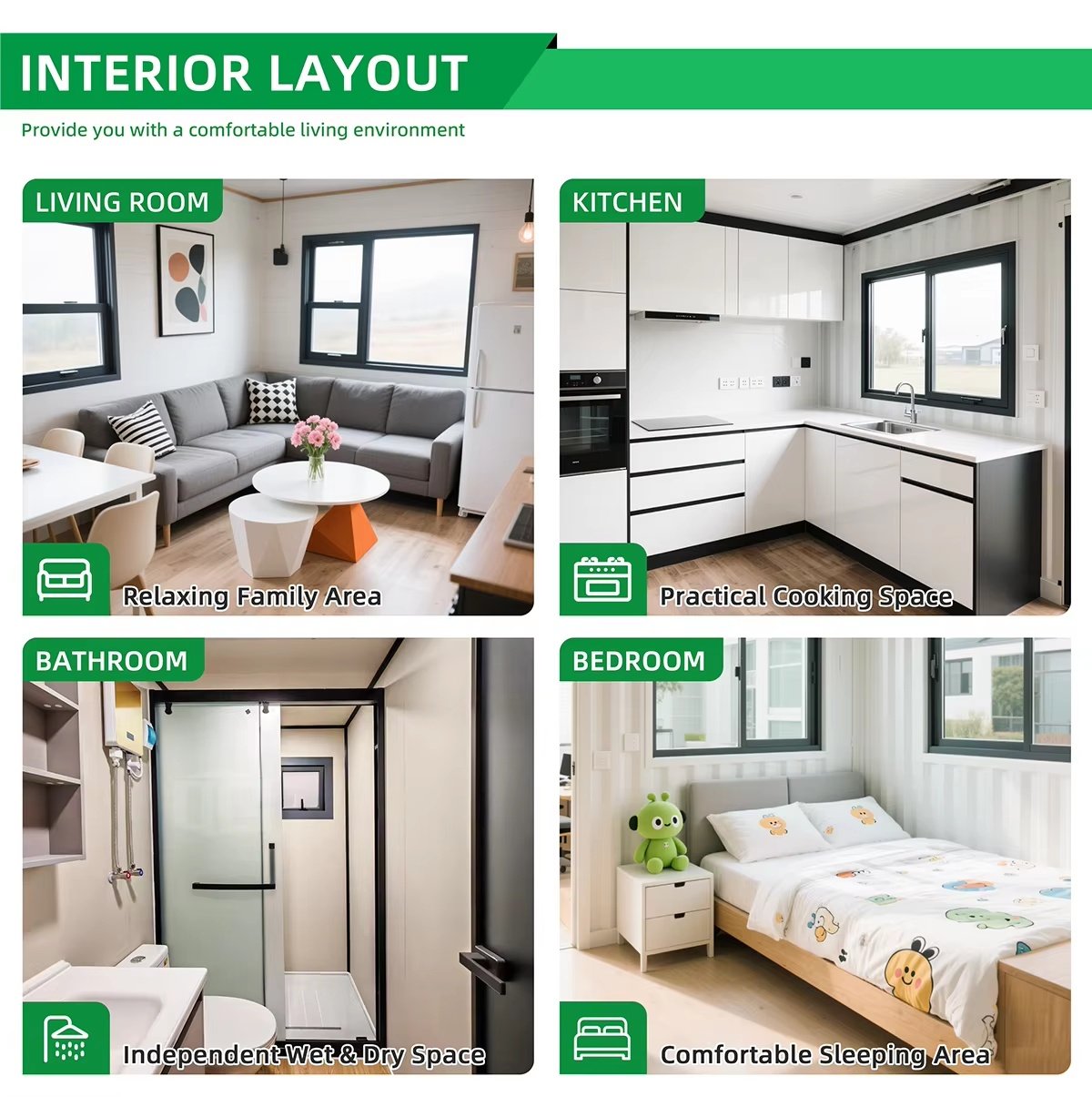 Living room, kitchen, bathroom and bedroom layout